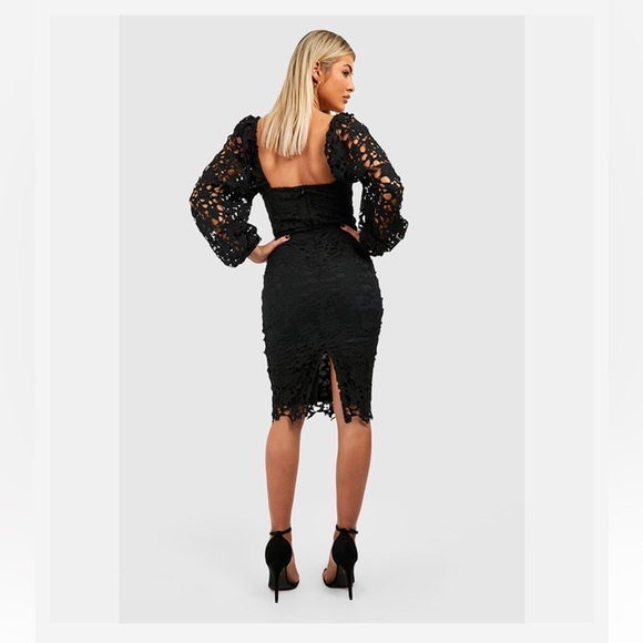 Boohoo Black Lace Midi Dress with Balloon Sleeves - Picture 3 of 7